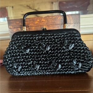 Mid Mod 1950s - 1960s Black Raffia and Black Beading Woven Top-Handle Clutch